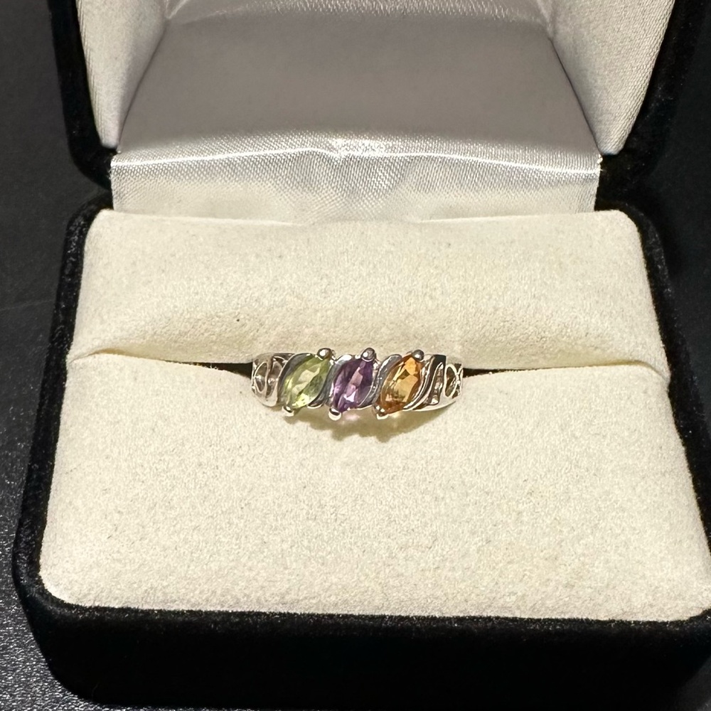 Vintage AVON 925 Sterling Silver Peridot Amethyst & Topaz Band Ring Sz 6